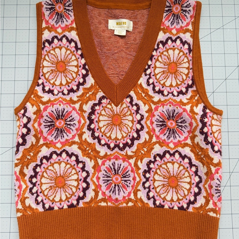 Maeve V-Neck Sweater Vest - Orange and Pink Floral